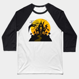 Halloween House Scary Graveyard Witch on Broom Baseball T-Shirt